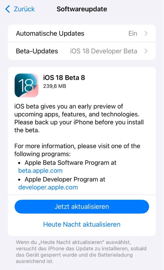 揭东苹果手机维修分享苹果 iOS / iPadOS 18 开发者预览版 Beta 8 发布 